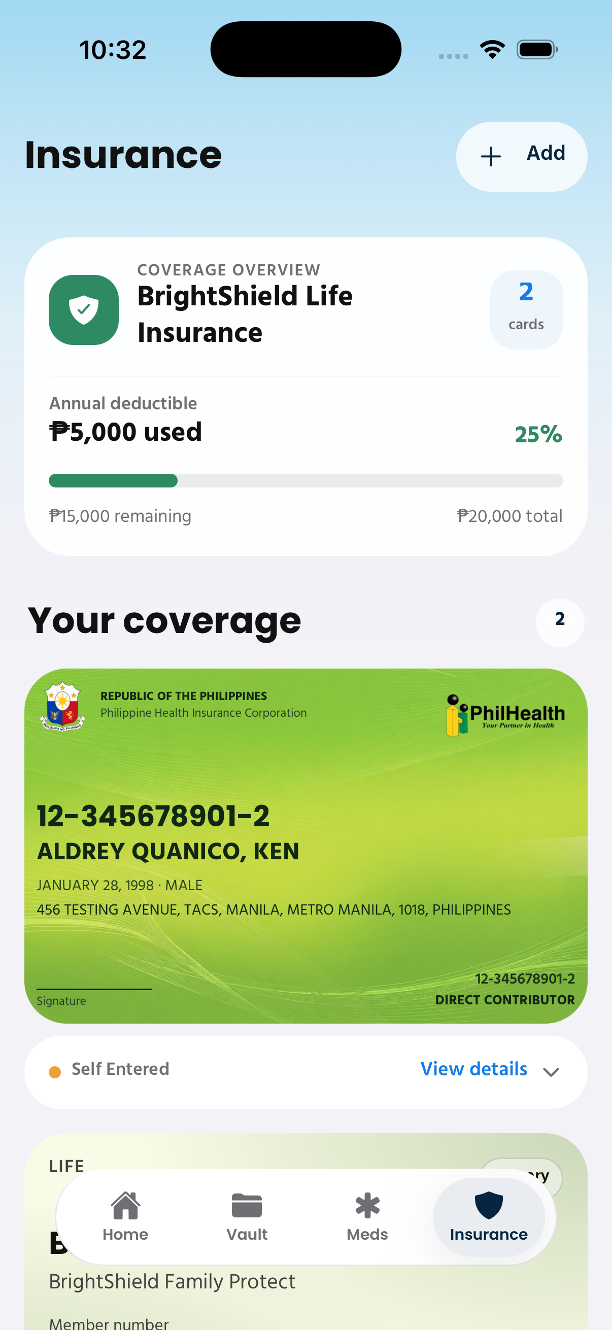 Elio insurance screen showing coverage and deductible information